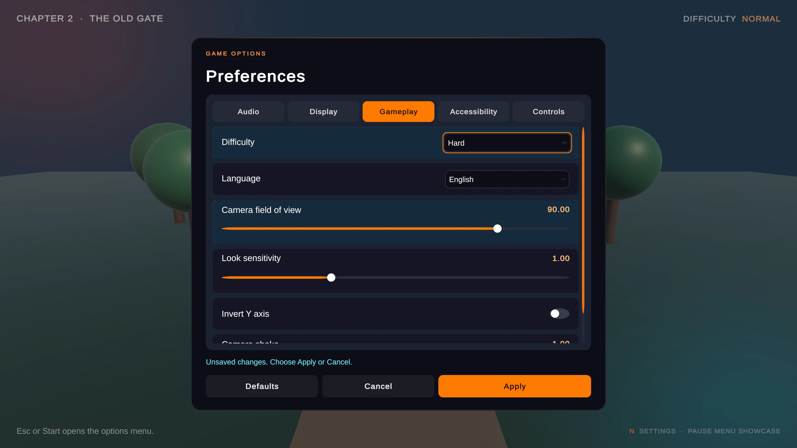 Pause menu over a 3D scene with pending Difficulty and camera field of view changes highlighted in cyan