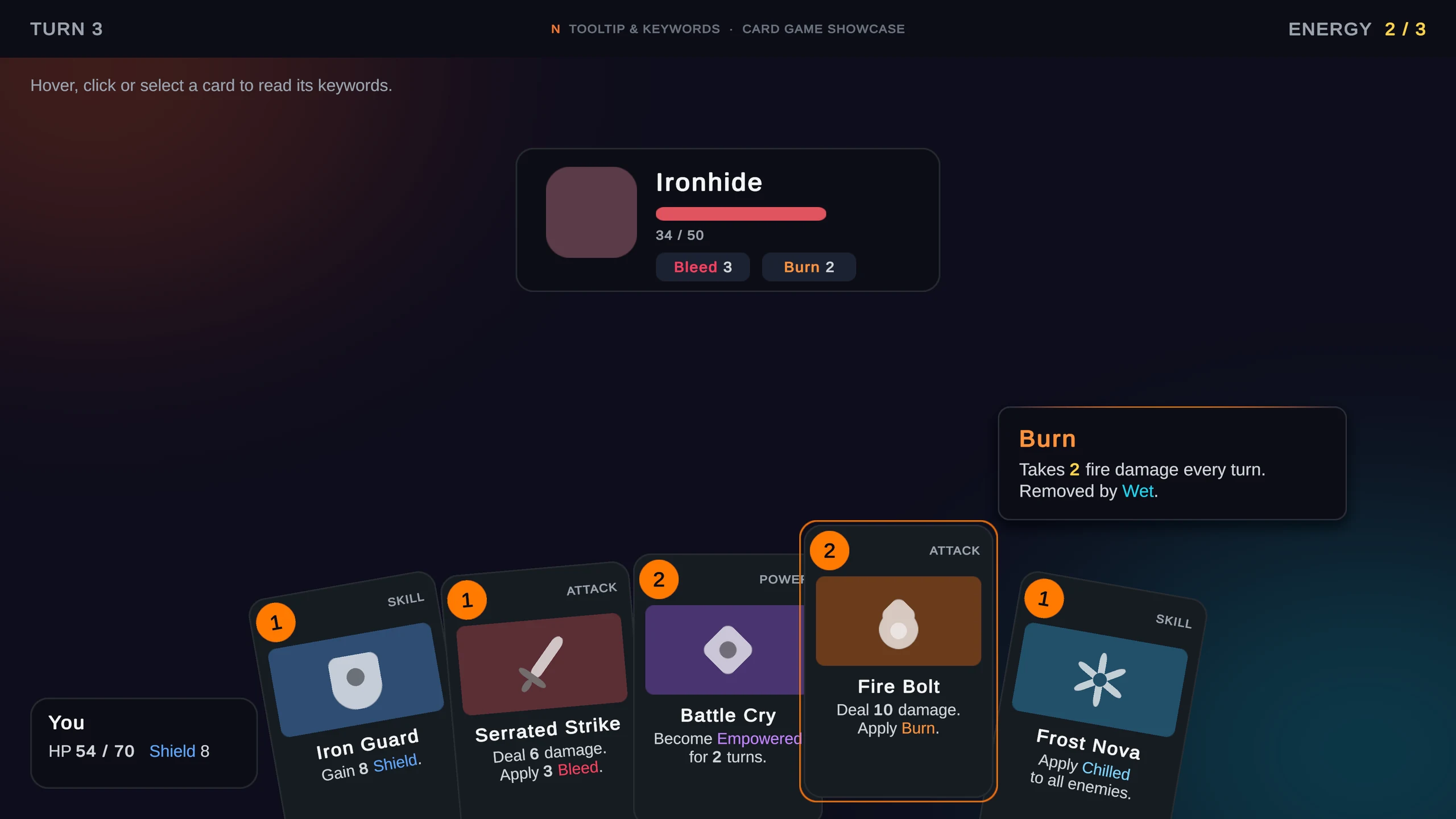Card game sample with a Burn keyword tooltip open above a Fire Bolt card