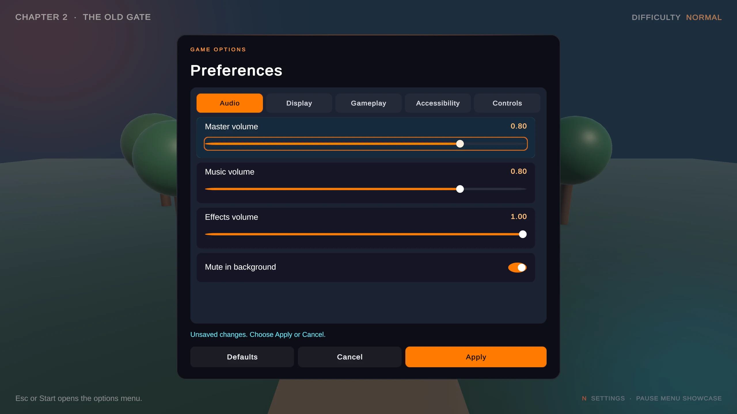 Audio page with master, music and effects volume sliders and an unsaved-changes prompt
