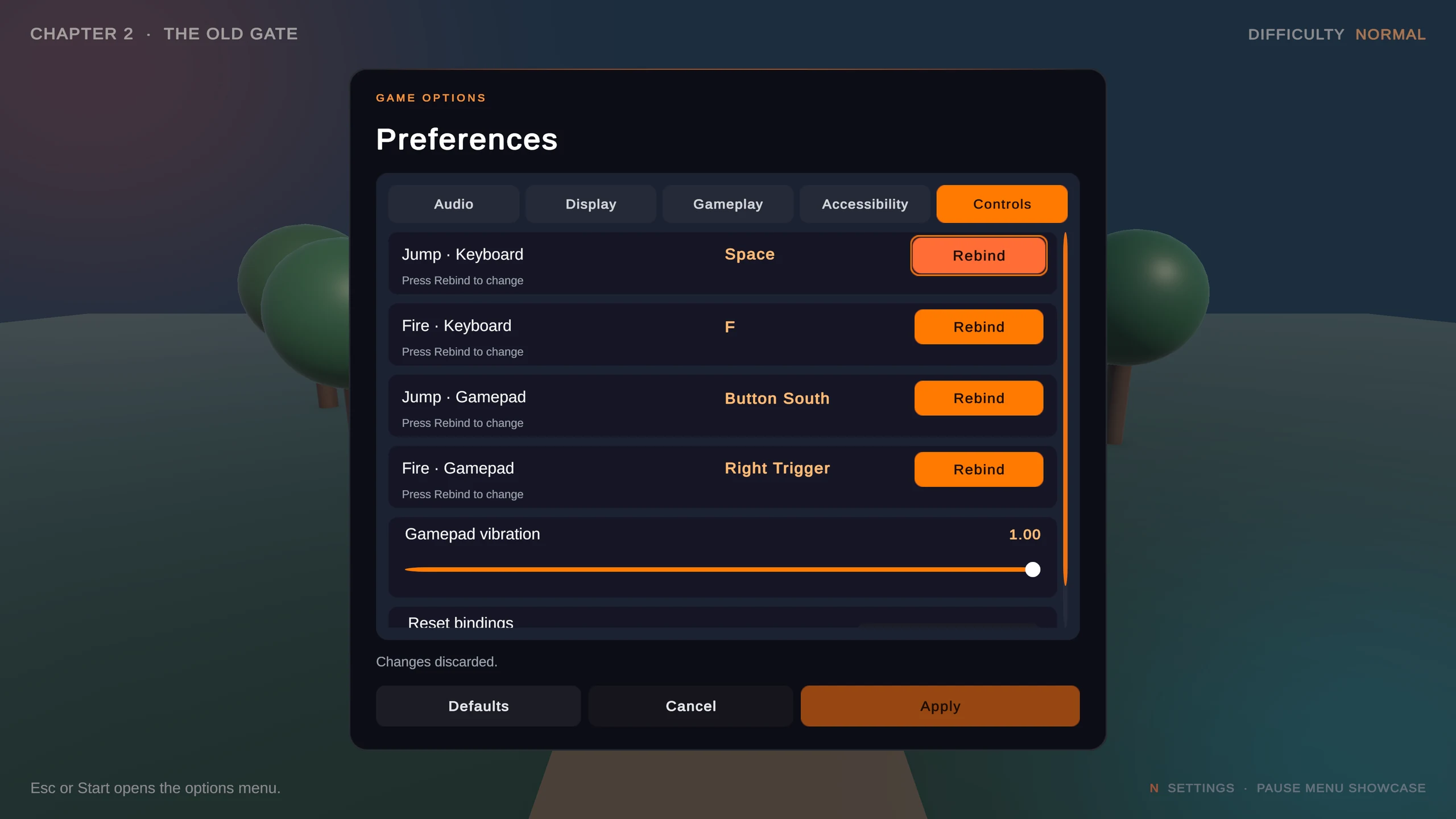 Controls page with keyboard and gamepad rebinding rows